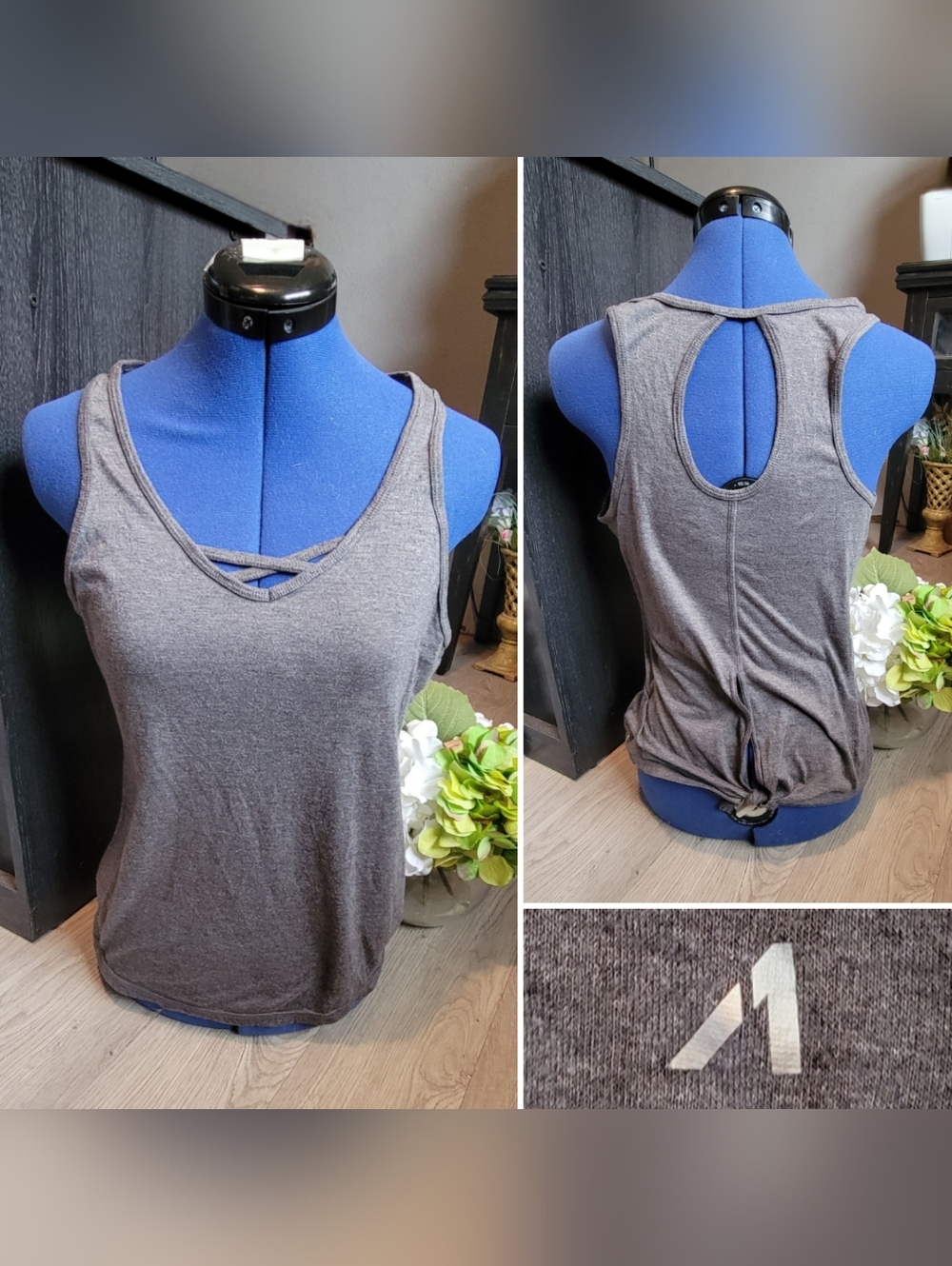 Al1ve qwick-dry Gray Racerback Top Criss-cross Front & Keyhole Knotback, Medium
